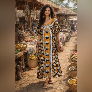Tanzanian Mustard, Black and White Floral Maxi Dress made in Tanzania 🇹🇿 size XL